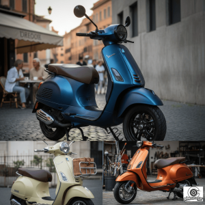 ภาพรวมของรถ เวสป้า สามคันที่ถูกทำสีแต่งอย่างสวยงาม คันบนเป็น Vespa GTS สีน้ำเงินเมทัลลิกด้าน จอดอยู่บนถนนหินในเมือง คันล่างซ้ายเป็น Vespa สีครีมพาสเทลพร้อมตะกร้าหน้า และคันล่างขวาเป็น Vespa สีส้มไหม้ จอดอยู่ในโรงซ่อม แสดงให้เห็นถึงหลากหลายสไตล์ของ ทำสีรถแต่ง vespa
