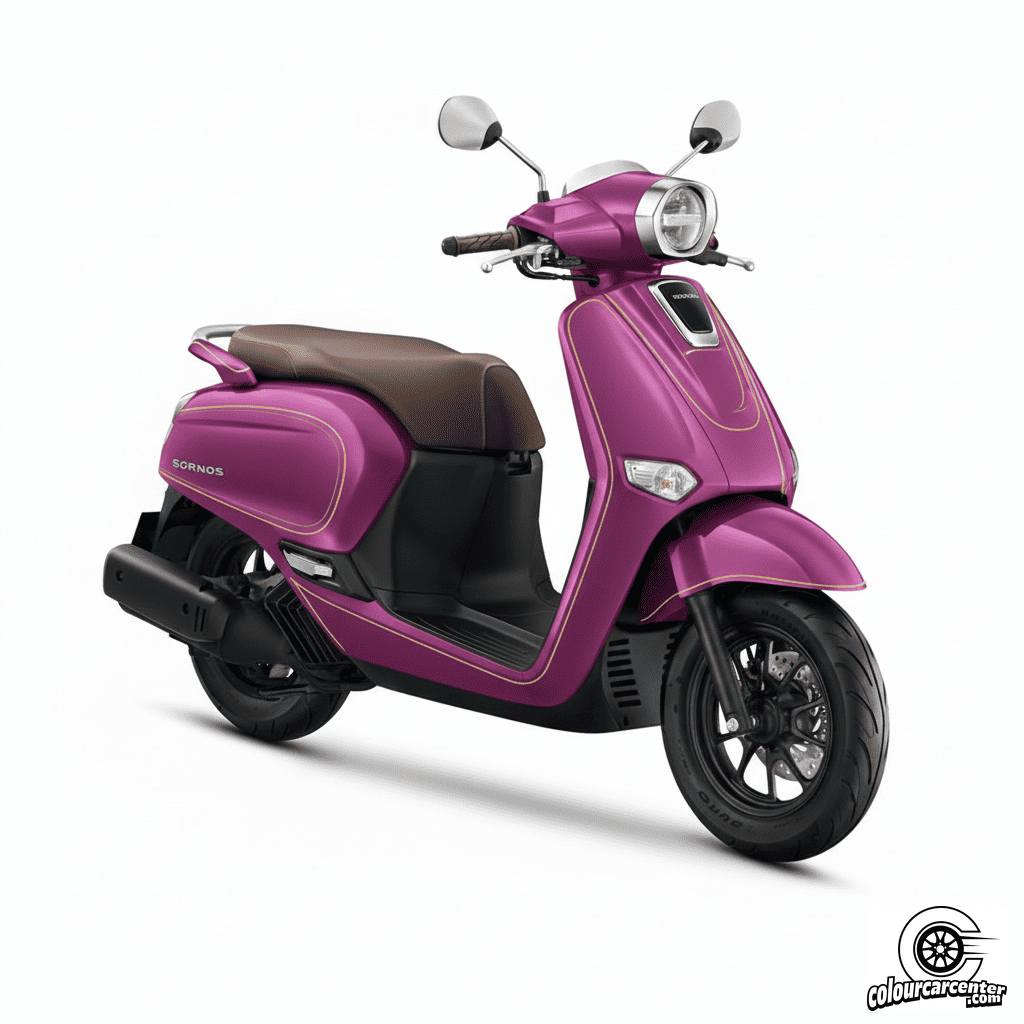 สกูตเตอร์สีม่วงอมชมพู-ขาว ที่ได้รับการปรับแต่งแบบมินิมอลลิสต์ โดยมีการเพิ่มลายเส้นเล็กๆ (Pinstriping) สีเงินหรือทอง ตามแนวตัวถัง เพื่อให้ดูเรียบหรูและโดดเด่น